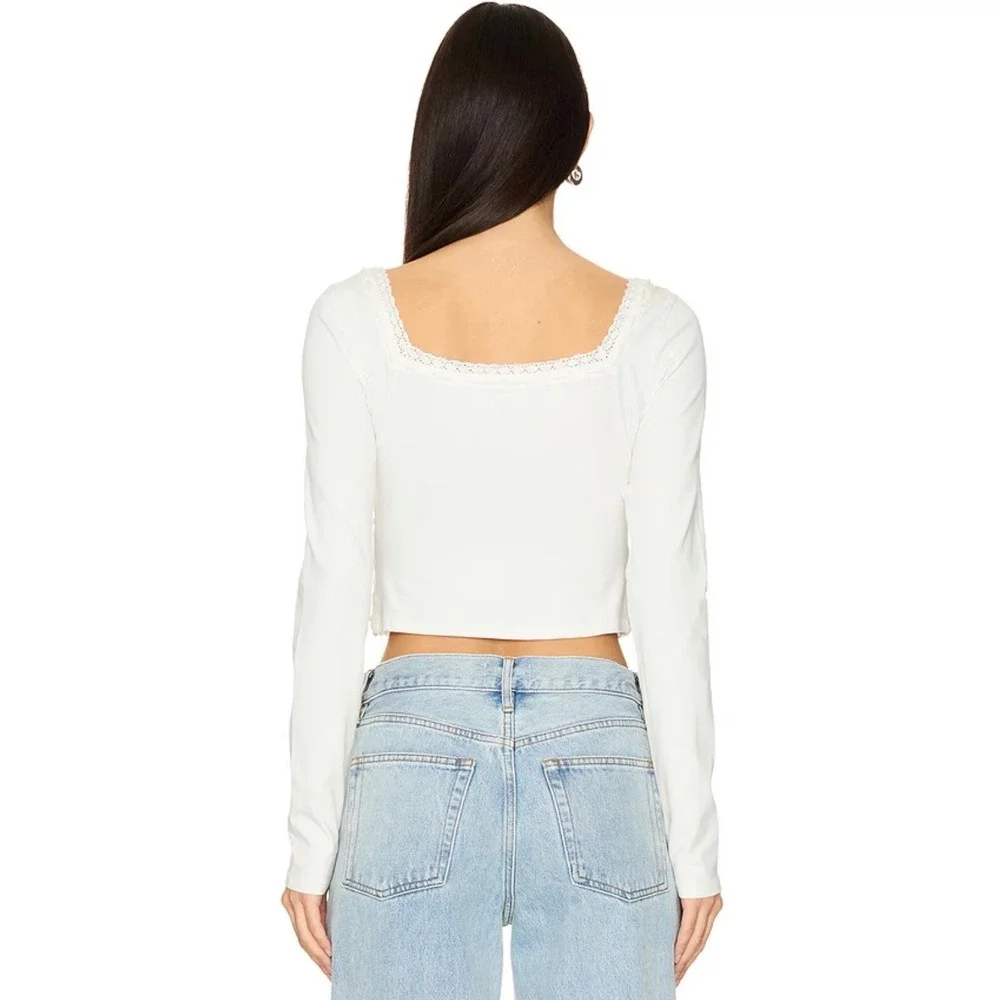 Free People White Lace Trim Milkmaid Crop Top Long Sleeve Square Neck Size Small